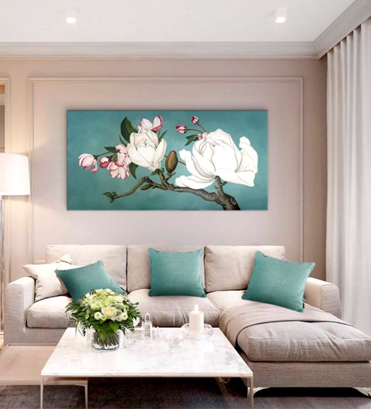 ▷ ESTUDIO DELIER  Cuadro flores magnolios verde agua